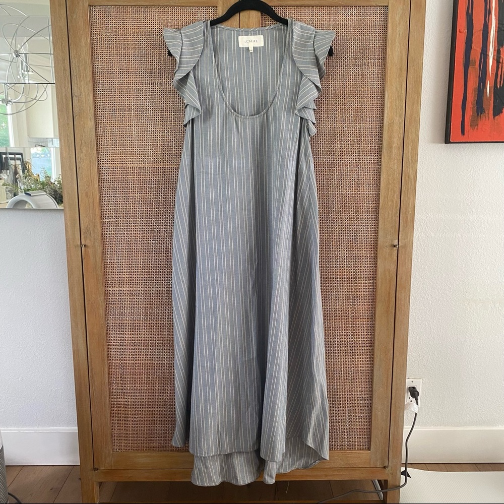 THE GREAT. Blue & Beige Stripe Ruffle Detail Linen MIDI Dress